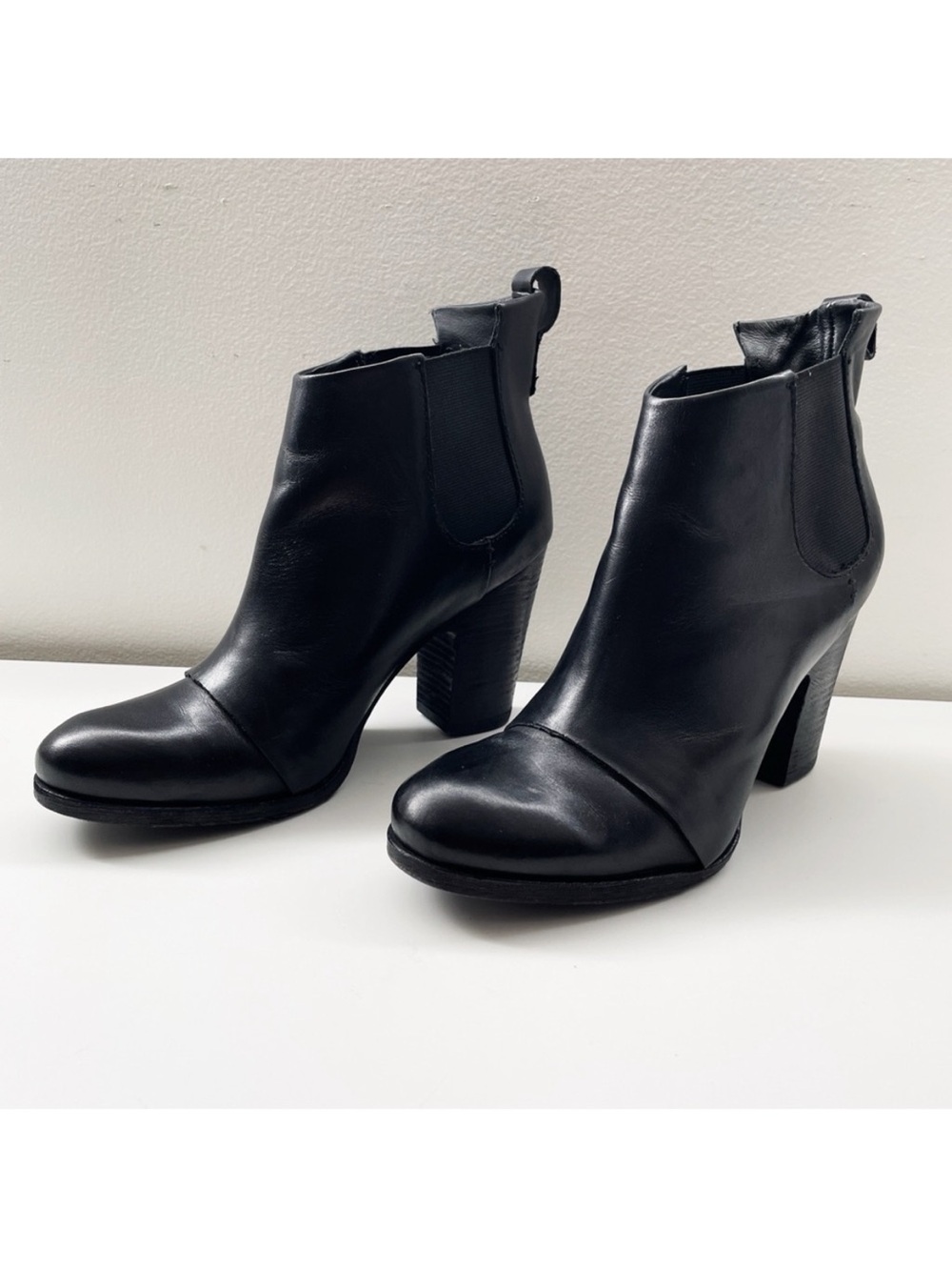 Belle Sigerson Morrison Leather Boots Stacked Heel moto bootie Chelsea black 9.5